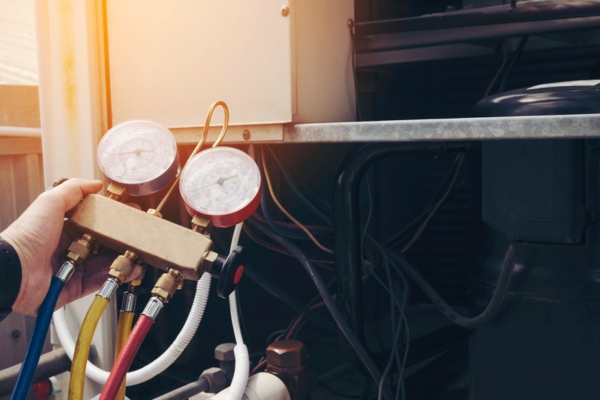 HVAC technician checking heat pump using a tool depicting precision and experience